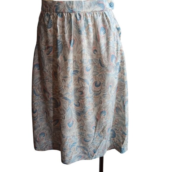 1OF1 27" 27W Vintage Peacock Feather Print Knee-Length Skirt Side Pockets 1970's - Picture 1 of 9